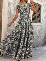 Full Size Printed V-Neck Tiered Maxi Dress Plus Size - Flower Green