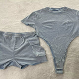 Ribbed Knit Bodysuit and Shorts Set - Sky Blue