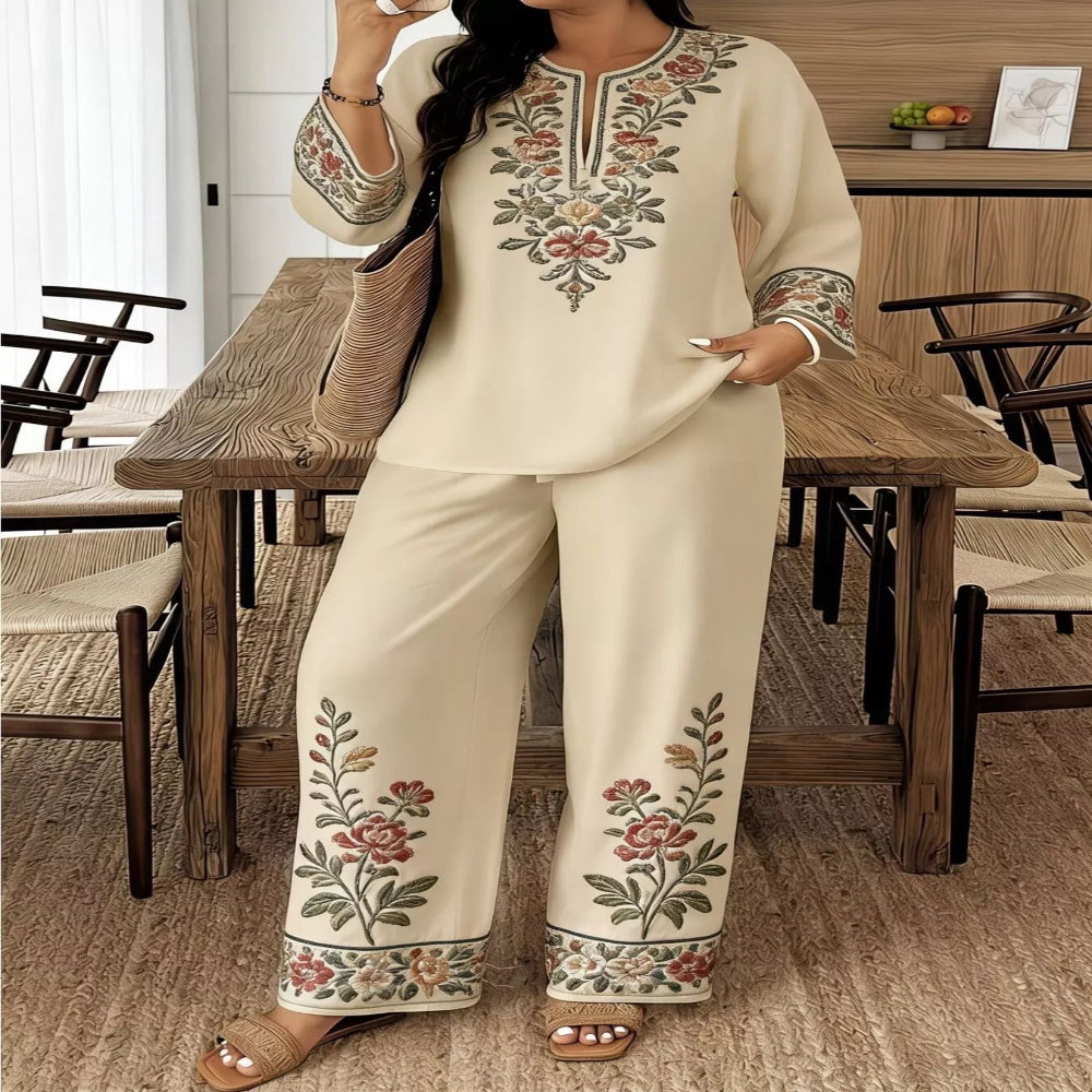 Full Size Embroidered Long Sleeve Top and Pants Set Plus Size - White