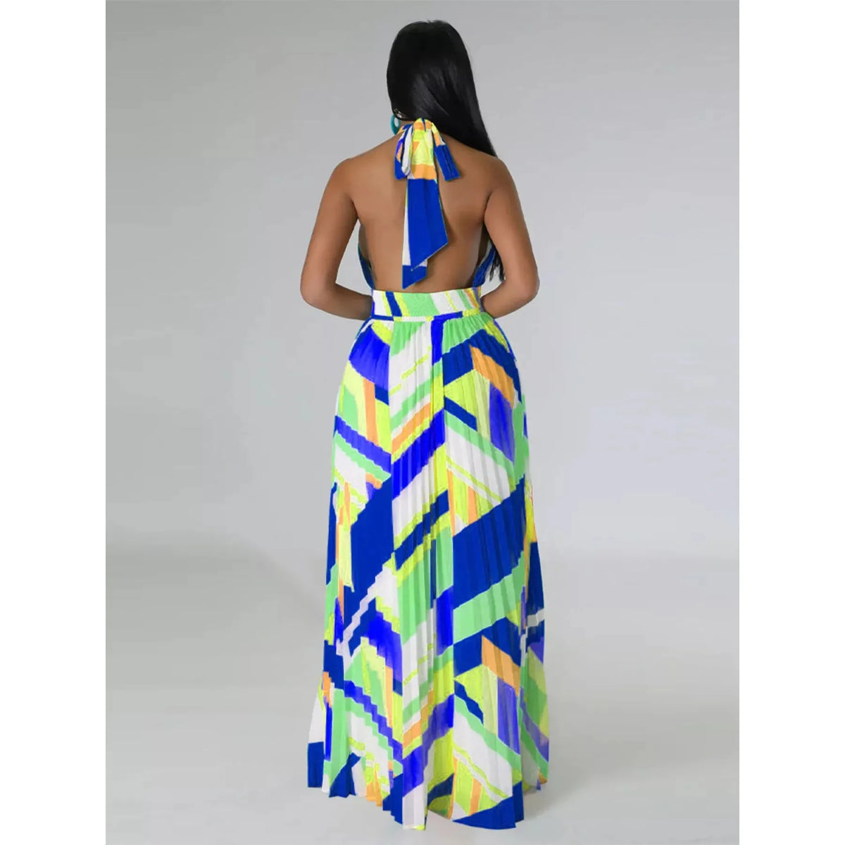 Halter Neck Geometric Print Pleated Maxi Dress - Red