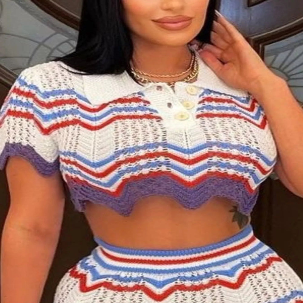 Chevron Knit Polo Crop Top and Mini Skirt Set - Light Blue Stripe