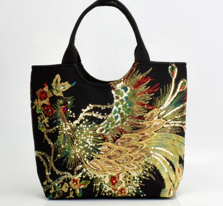 Canvas peacock embroidery small handbag - Dark Blue