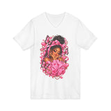 Pink Butterfly Girl V‑Neck Tee — Cute Afrocentric Illustration