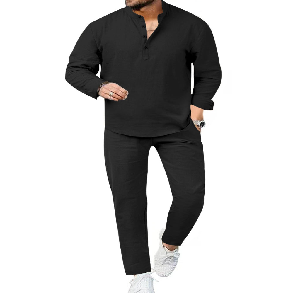 Men's Full Size Casual Long Sleeve Shirt and Pants Set Plus Size - Army Green