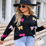 Angel Wings Bow Graphic Round Neck Long Sleeve Sweater - Black