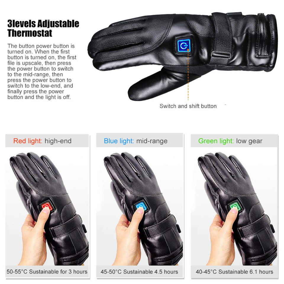 Rechargeable heated winter cycling gloves with three-level temperature control for outdoor cold-weather activities.