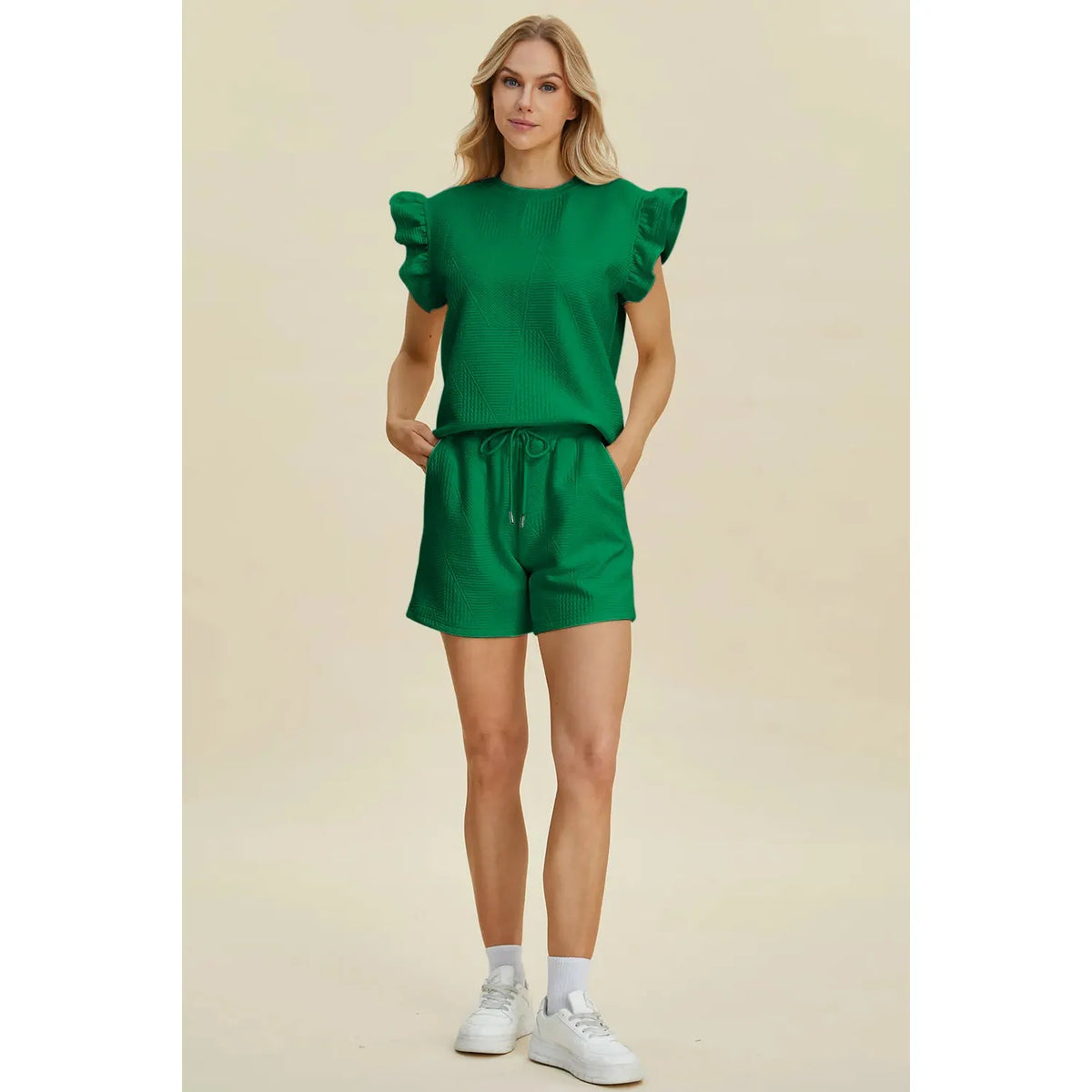 Double Take Full Size Texture Round Neck Ruffle Sleeve Top and Shorts Set - Dark Green