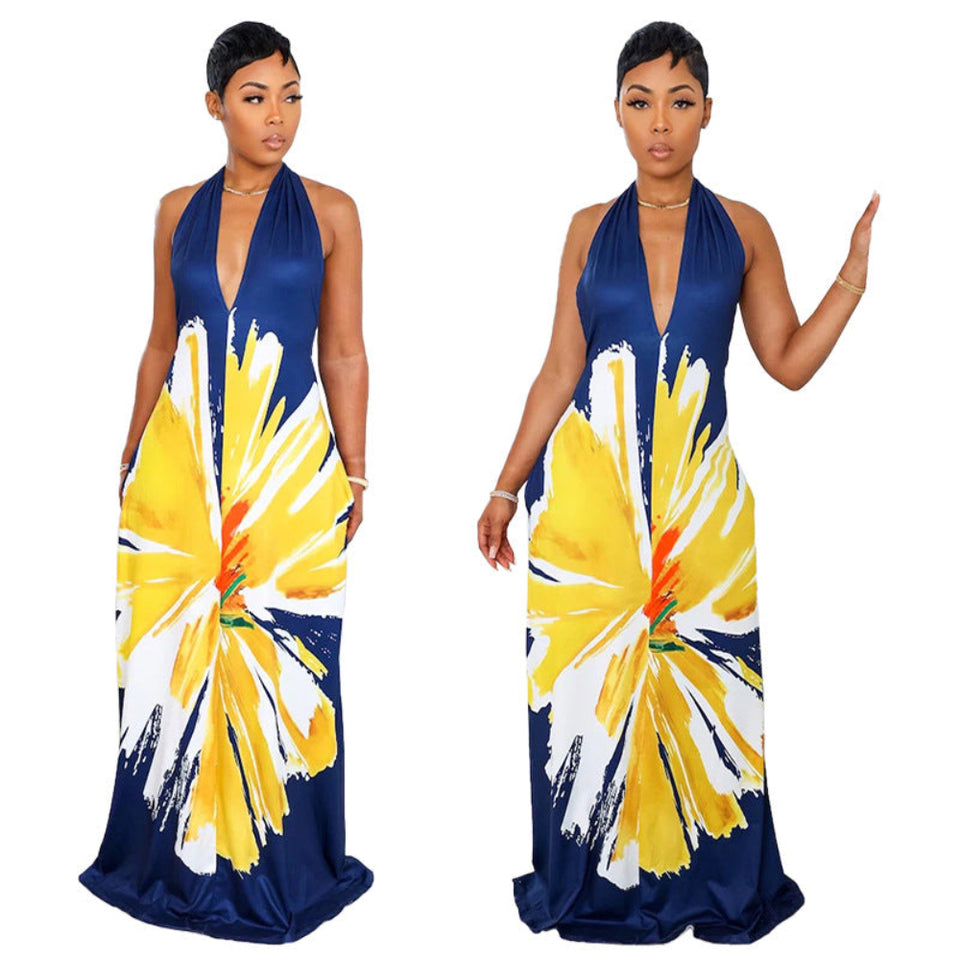Woman wearing a colorful bohemian printed long maxi dress.