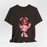 Cute Girl Graphic Tee — Pink Cartoon Doll Illustration T-Shirt