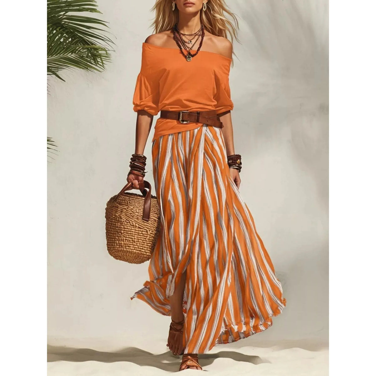 Off Shoulder Top and Striped Maxi Skirt Set - Black