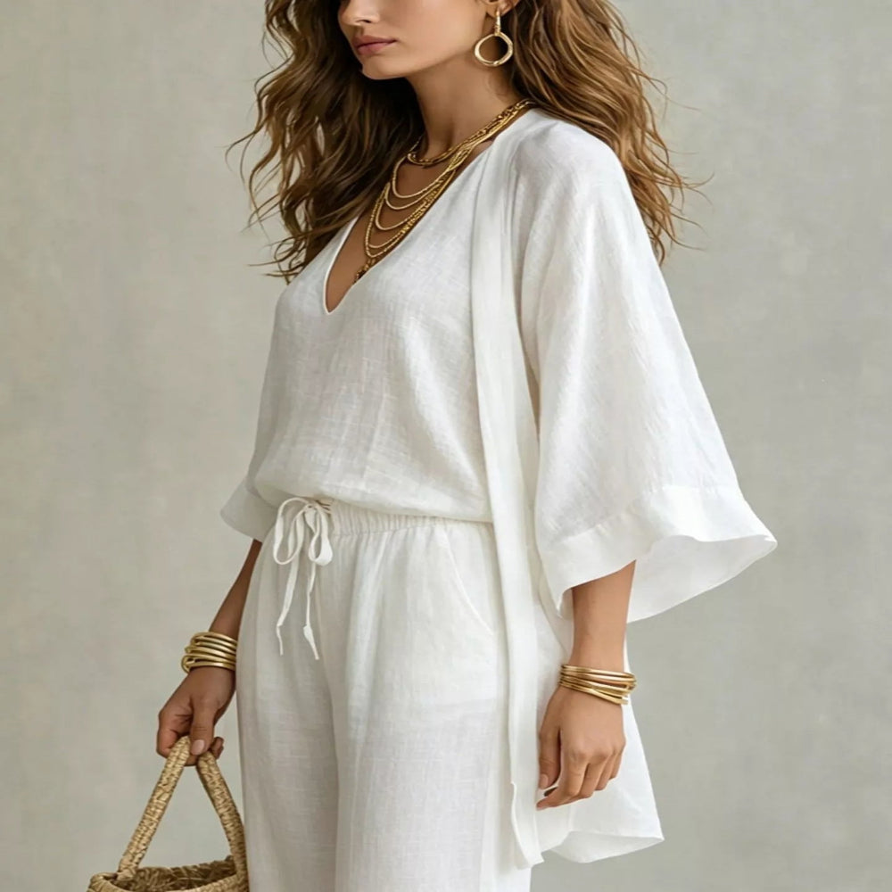 V-Neck Top & Cardigan & Pants Three-Piece Set - White