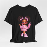 Cute Girl Graphic Tee — Pink Cartoon Doll Illustration T-Shirt
