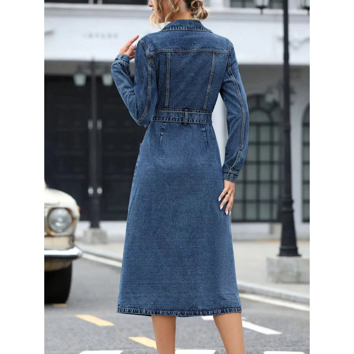 Belted Long Sleeve Denim Dress - Light Blue