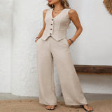 V-Neck Button Down Vest and Wide Leg Pants Set - Dust Storm