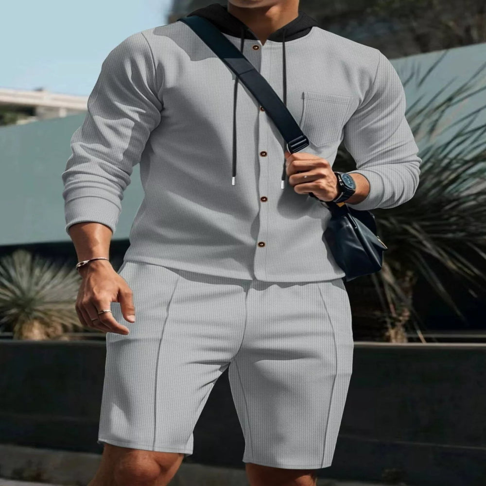 Men's Full Size Casual Hooded Button-Up Top and Shorts Set Plus Size - Black