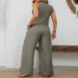 V-Neck Button Down Vest and Wide Leg Pants Set - Dust Storm