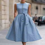 Full Size Sleeveless Button-Front Belted Midi Dress Plus Size - Sea blue