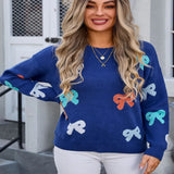 Angel Wings Bow Graphic Round Neck Long Sleeve Sweater - Black