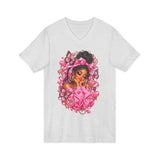 Pink Butterfly Girl V‑Neck Tee — Cute Afrocentric Illustration