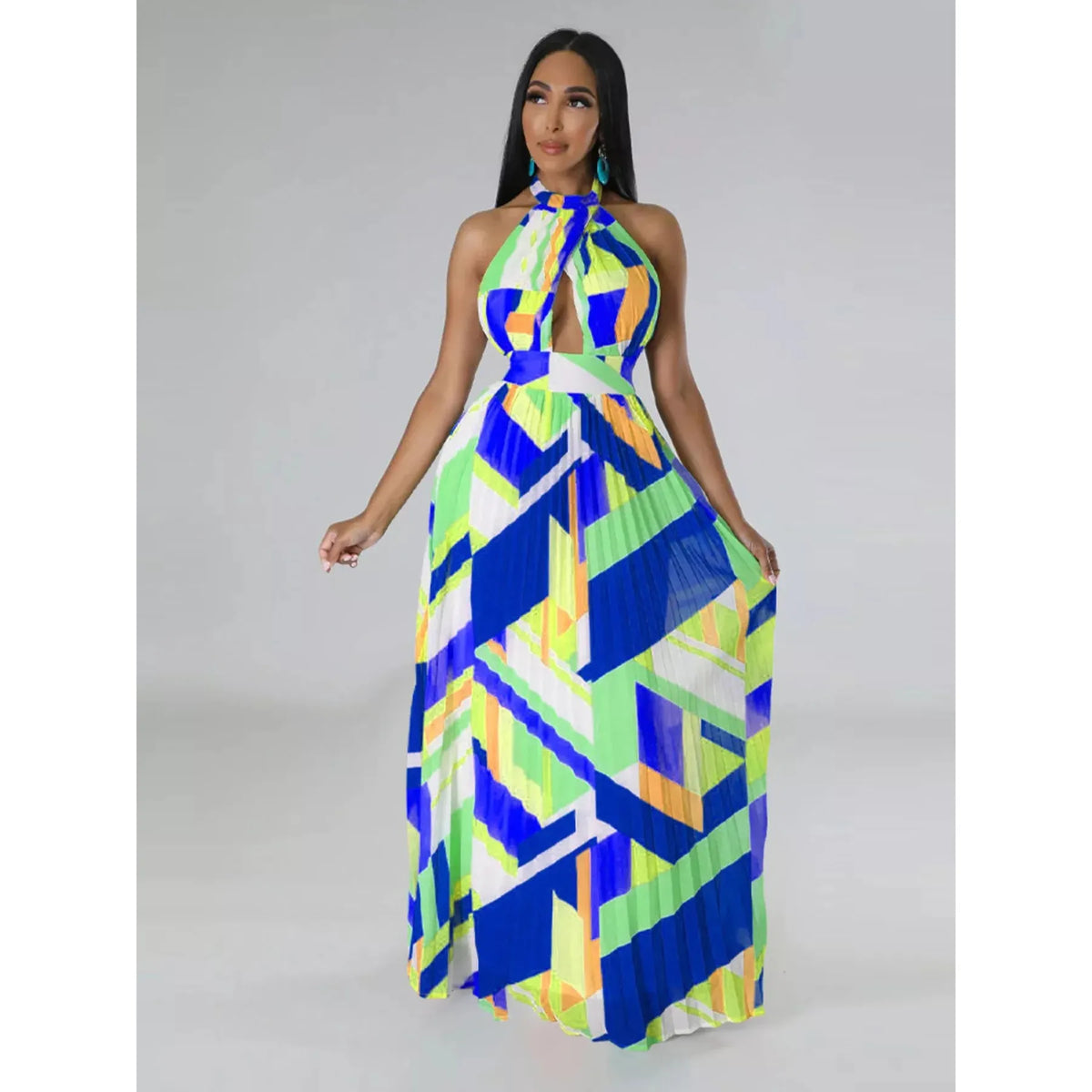 Halter Neck Geometric Print Pleated Maxi Dress - Blue