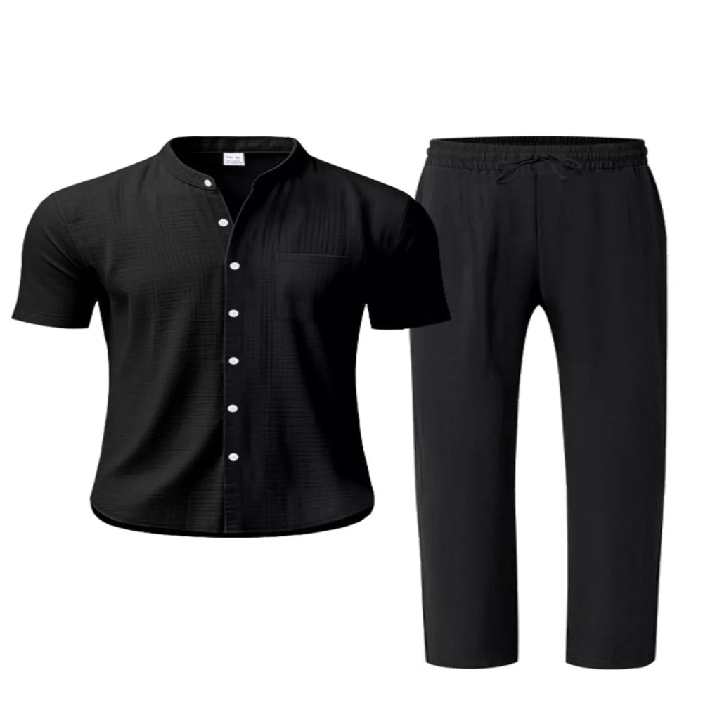 Men's Full Size Casual Button Up Short Sleeve Shirt and Pants Set Plus Size - Navy