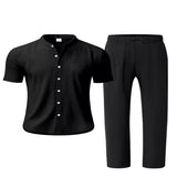 Men's Full Size Casual Button Up Short Sleeve Shirt and Pants Set Plus Size - Navy