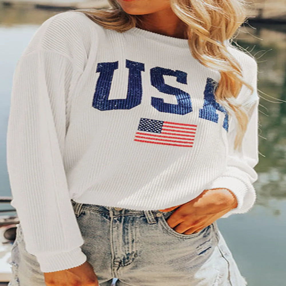 US Flag Corded Long Sleeve Sweatshirt - White
