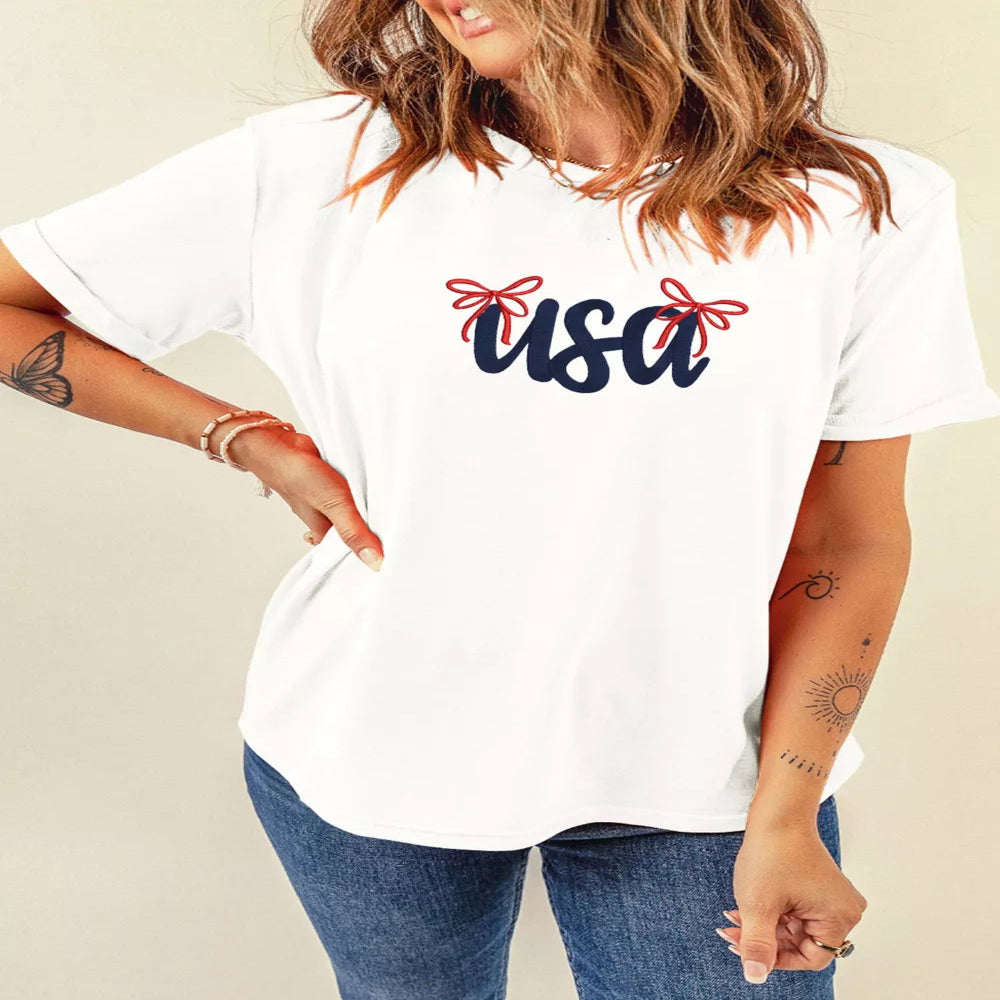 USA Lettering Bow Embroidered T-Shirt - White