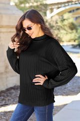 Basic Bae Full Size Ribbed Exposed Seam Mock Neck Knit Top - Hot Pink