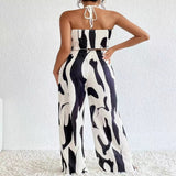 Abstract Print Halter Neck Crop Top and Wide Leg Pants Set - Black