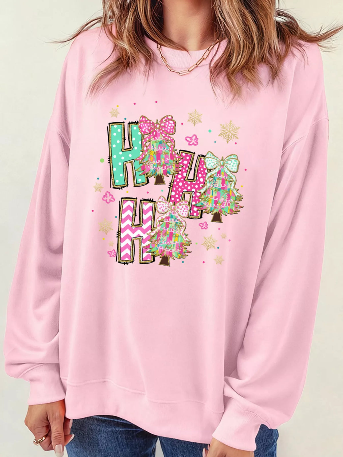 HO HO Christmas Tree Graphic Pullover Sweatshirt - Blush Pink