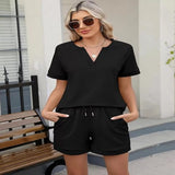 Solid Color Short Sleeve Top and Shorts Two-Piece Set - Navy