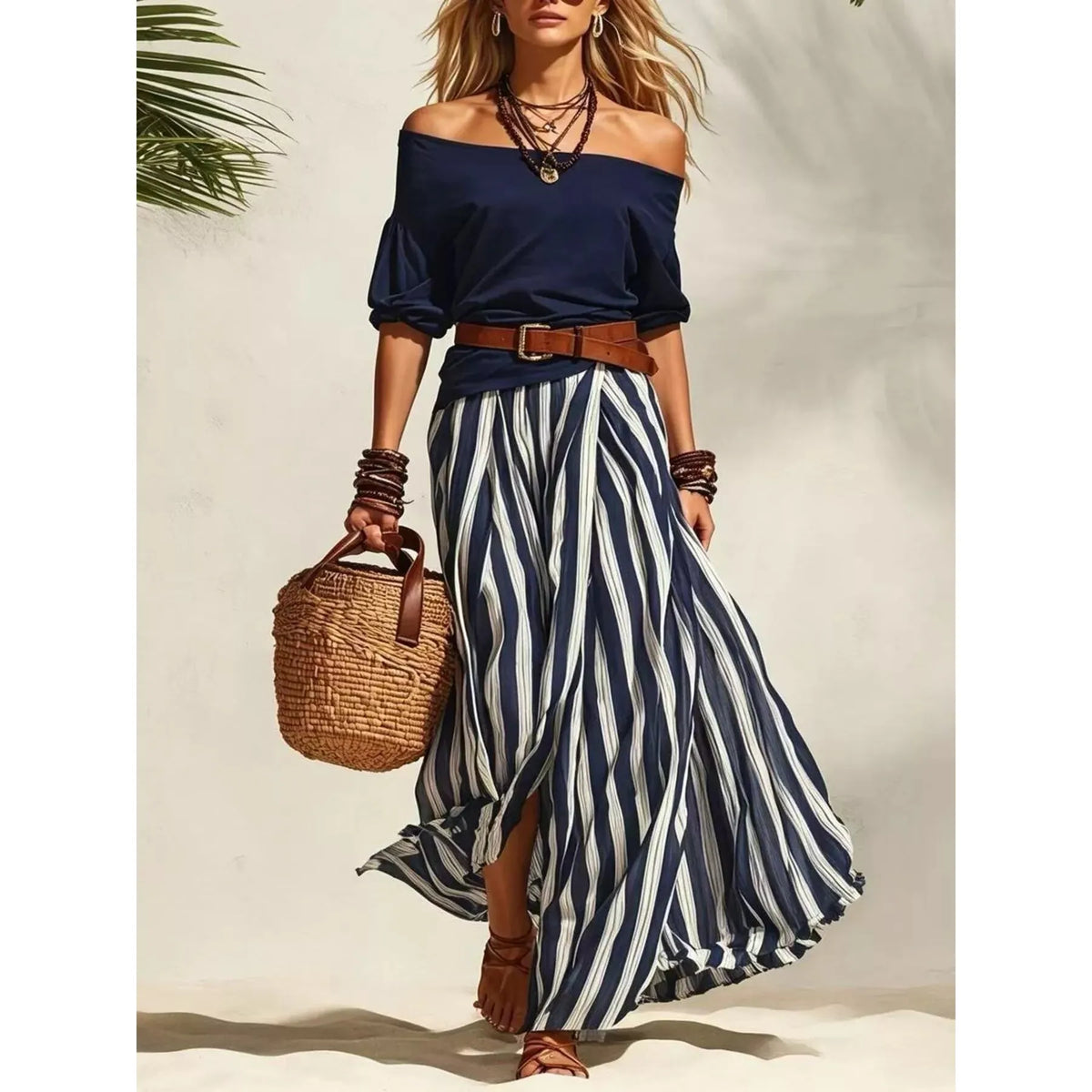 Off Shoulder Top and Striped Maxi Skirt Set - Navy