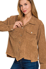 Zenana Distressed Corduroy Frayed Hem Cropped Jacket - DEEP CAMEL