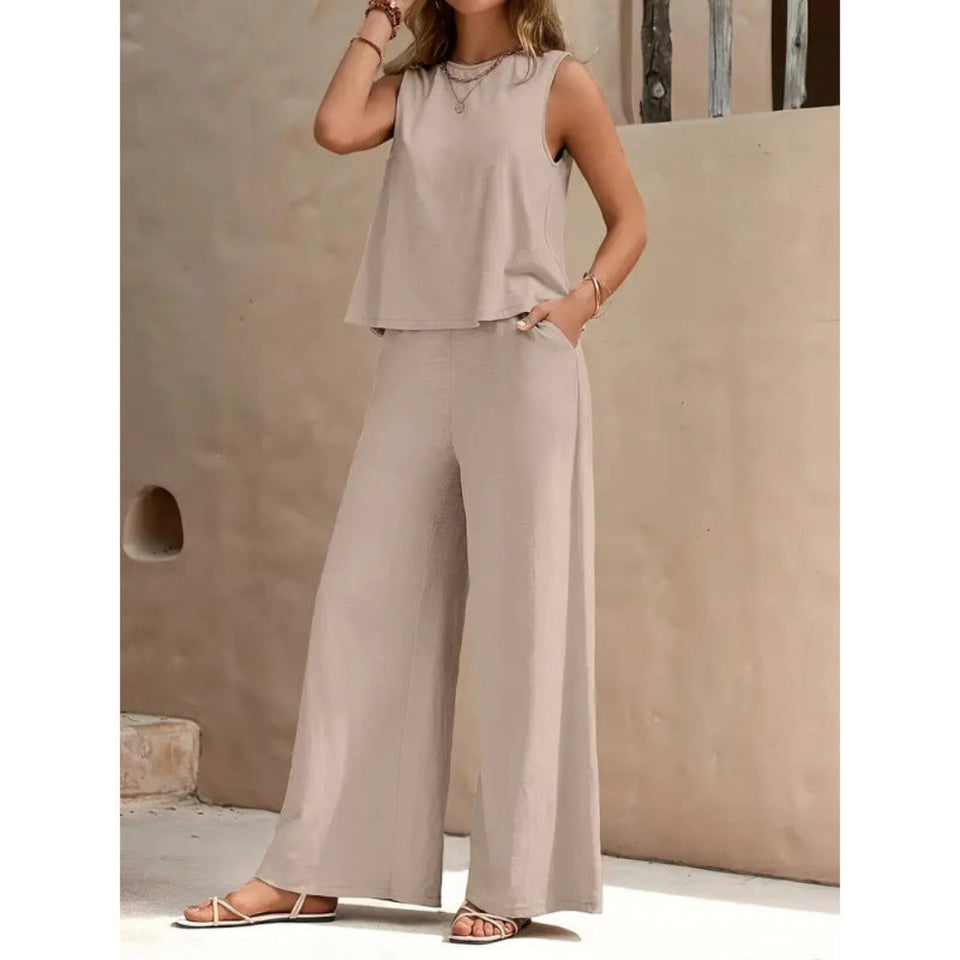 Women's casual two-piece outfit with sleeveless top and wide-leg pants set