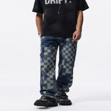 Men's Checkerboard Pattern Relaxed Fit Jeans - Blue