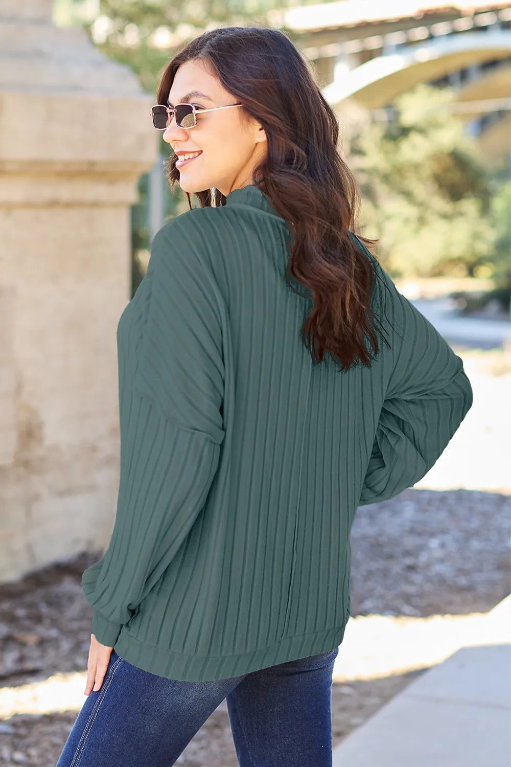 Basic Bae Full Size Ribbed Exposed Seam Mock Neck Knit Top - Turquoise
