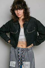 POL Cropped Button-Front Eyelet Cotton Jacket - BLACK
