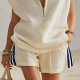 Full Size Zip Front Sleeveless Top and Striped Shorts Set Plus Size - Off-white