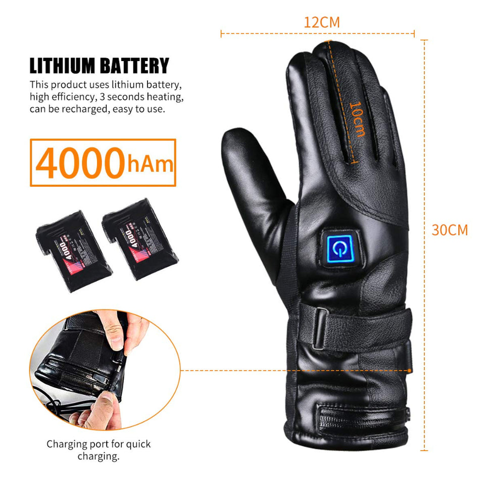 Rechargeable heated winter cycling gloves with three-level temperature control for outdoor cold-weather activities.