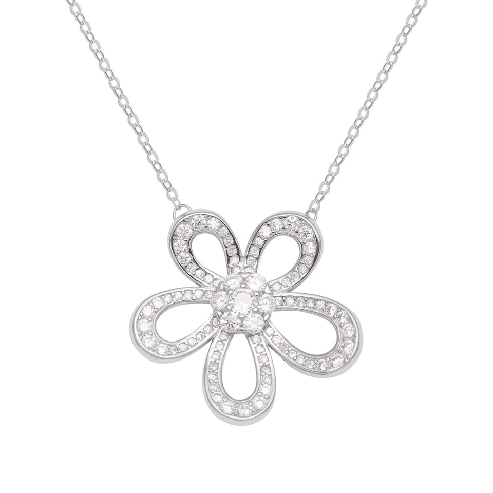 Luxury flower pendant necklace in 925 sterling silver featuring an elegant floral design with sparkling accents.