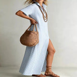 Full Size Striped Maxi Dress with Side Slit Plus Size - Light Blue