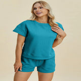 Double Take Full Size Texture Short Sleeve Top and Shorts Set - Gray