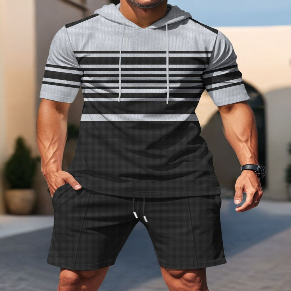 Men's Full Size Striped Short Sleeve Hoodie and Shorts Set Plus Size - Black