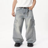 Men's Loose Fit Wash Cargo Jeans - Light Blue