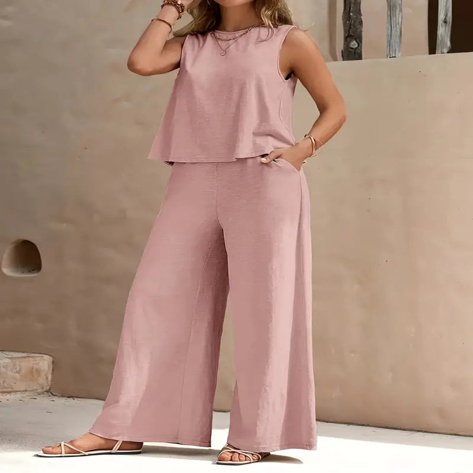 Women's casual two-piece outfit with sleeveless top and wide-leg pants set