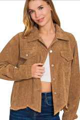 Zenana Distressed Corduroy Frayed Hem Cropped Jacket - DEEP CAMEL