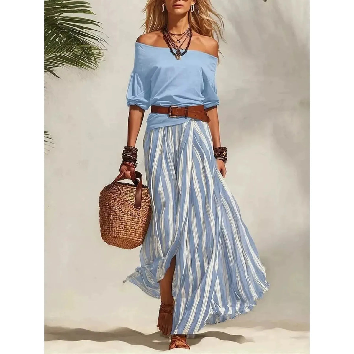 Off Shoulder Top and Striped Maxi Skirt Set - Green