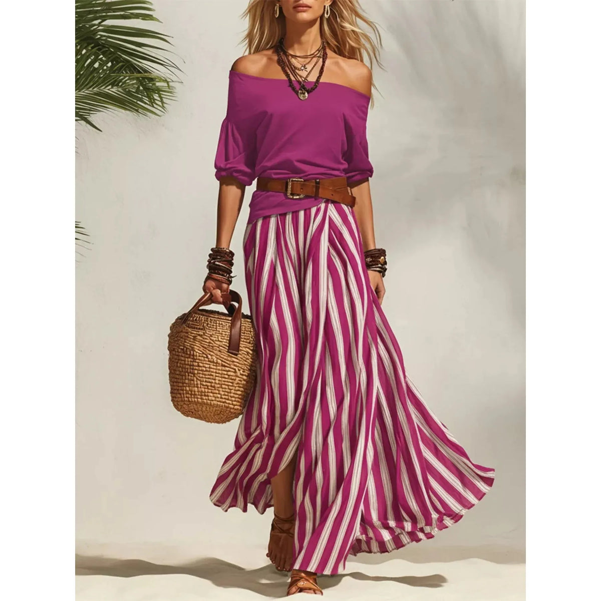 Off Shoulder Top and Striped Maxi Skirt Set - Black