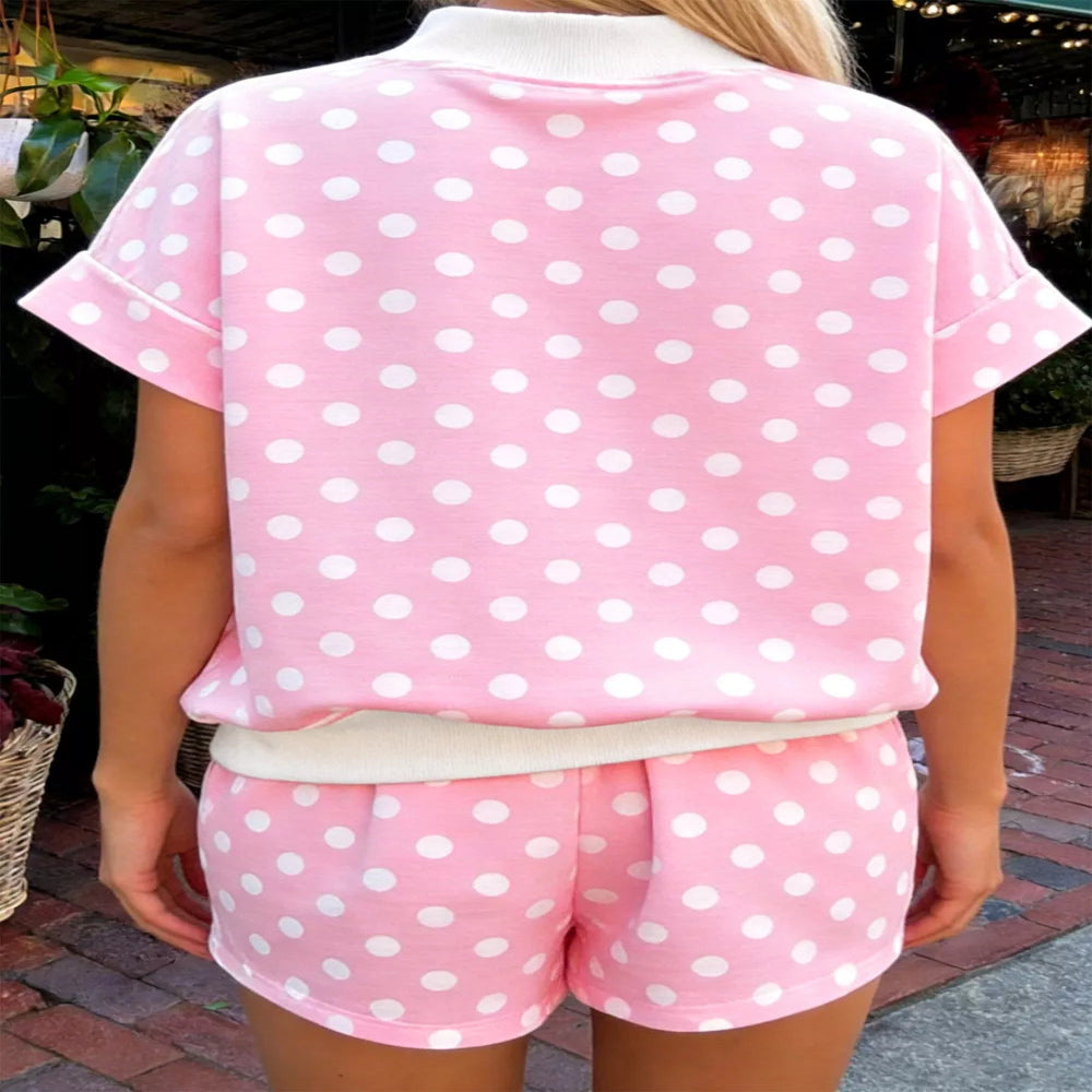 Polka Dot Short Sleeve Top and Shorts Set - Pink